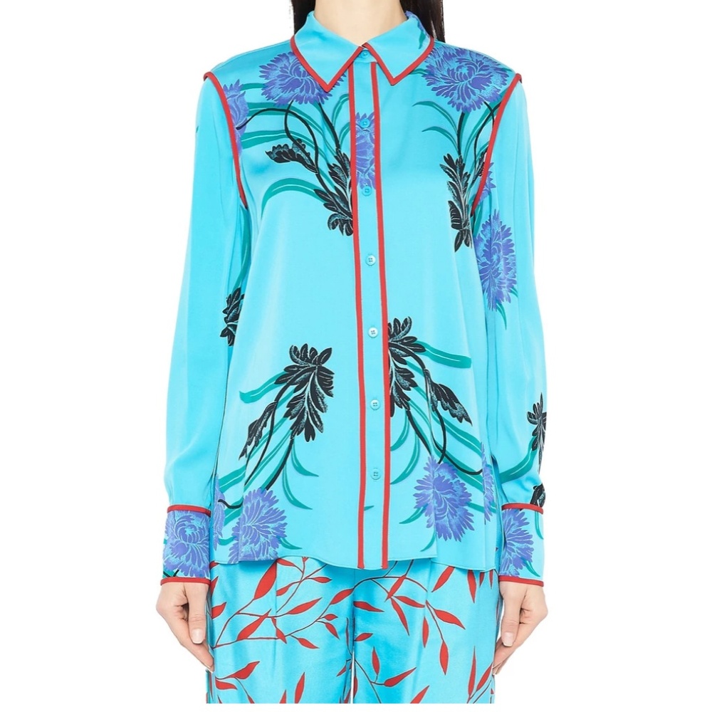 DVF 100% silk Blue Floral Button Down Blouse